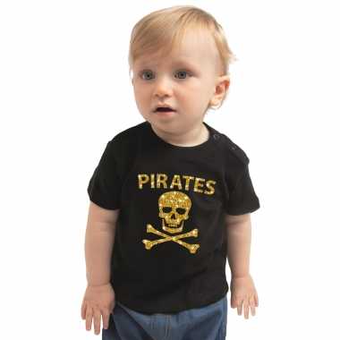 Piraten t shirt / carnavalskleding zwart baby ongen / meise gouden glitter bedrukking