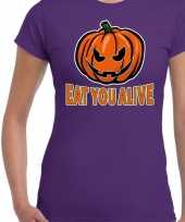 Halloween eat you alive horror shirt paars dames carnavalskleding
