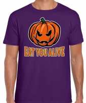 Halloween eat you alive horror shirt paars heren carnavalskleding